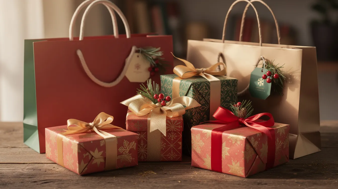 The image shows an assortment of colorful holiday gift packages and shopping bags neatly arranged on a wooden table, symbolizing the festive season and the surge in online sales. This display reflects the high demand for holiday purchases, which is a prime opportunity for dropshipping businesses to boost sales during major shopping events.