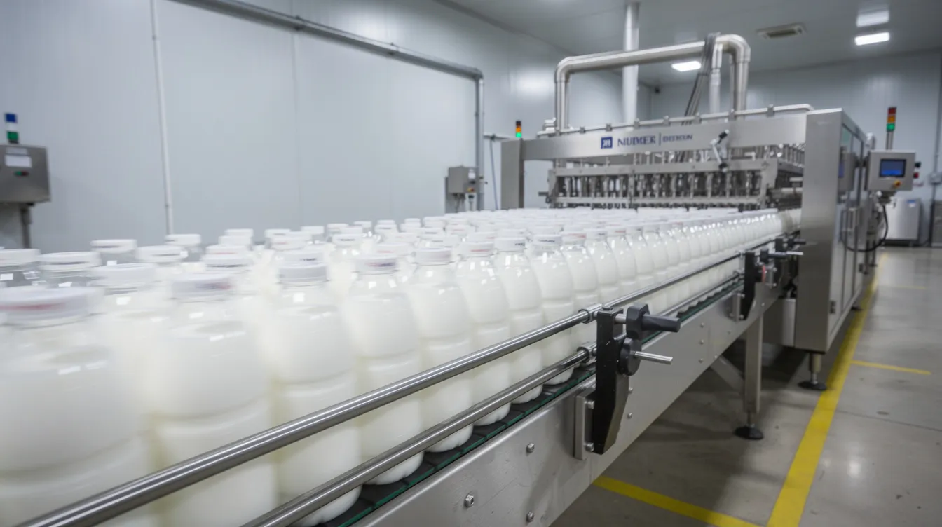 c977f347 7be8 4986 a705 a7f752bd1c20 The image depicts an industrial dairy beverage production line, showcasing filled bottles moving along a stainless steel conveyor belt, highlighting the efficiency of the manufacturing process in a dairy plant. This setup plays a crucial role in managing operating costs and maximizing profit margins in dairy farm businesses.