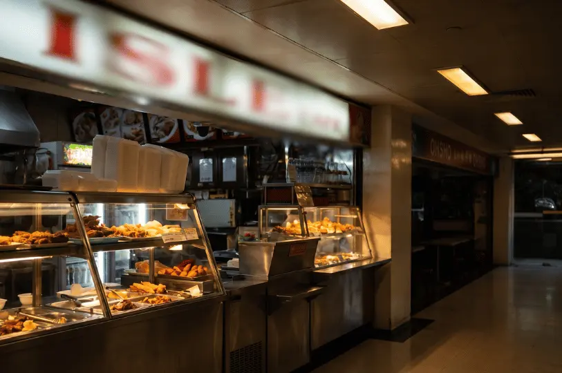 A casual indoor food stall counter showing trays of fried food under warm display lights, located in a quiet, warmly lit hallway of Cuppage Plaza.