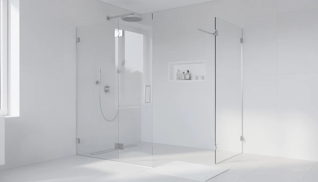 A modern walk-in shower features sleek glass doors and stylish chrome fixtures, set in a clean white bathroom that embodies a fresh and inviting atmosphere. This bathroom renovation highlights the elegance of walk-in showers, providing a safe and accessible space for relaxation and rejuvenation.