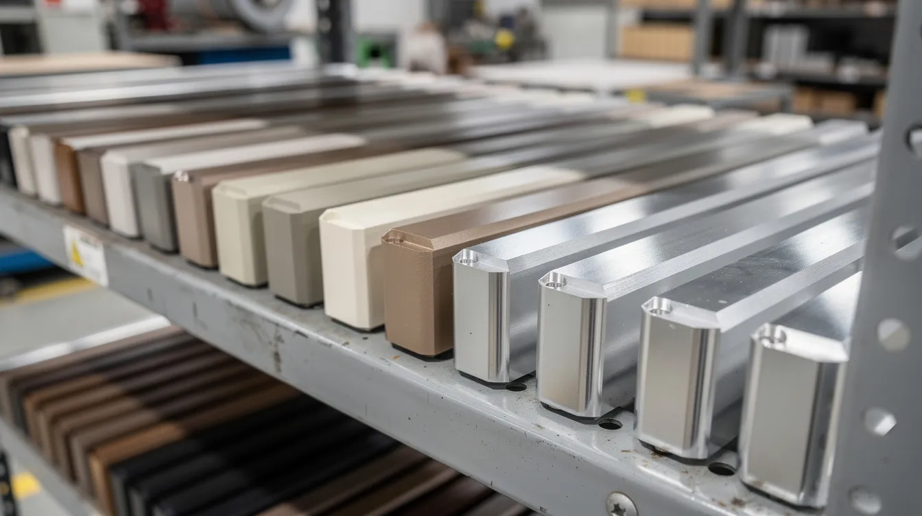 The image shows rows of aluminum die casting parts on a factory shelf, featuring various surface finishes such as anodized, powder coated, and polished. These aluminum castings highlight the results of different surface treatments used in the die casting process, showcasing the versatility and quality of aluminum alloy manufacturing.