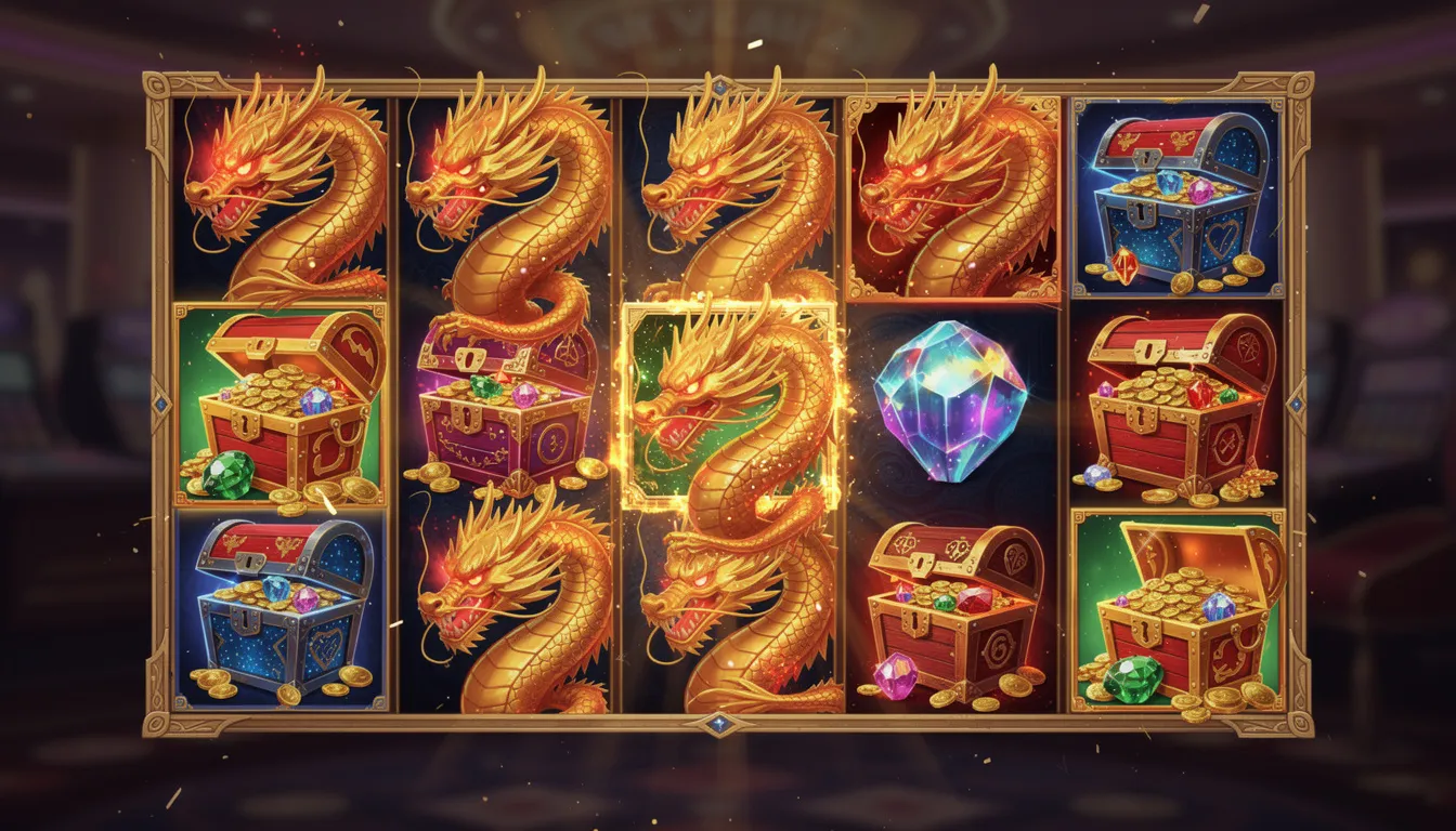 Vibrant slot reels with golden dragon and treasure chest icons.