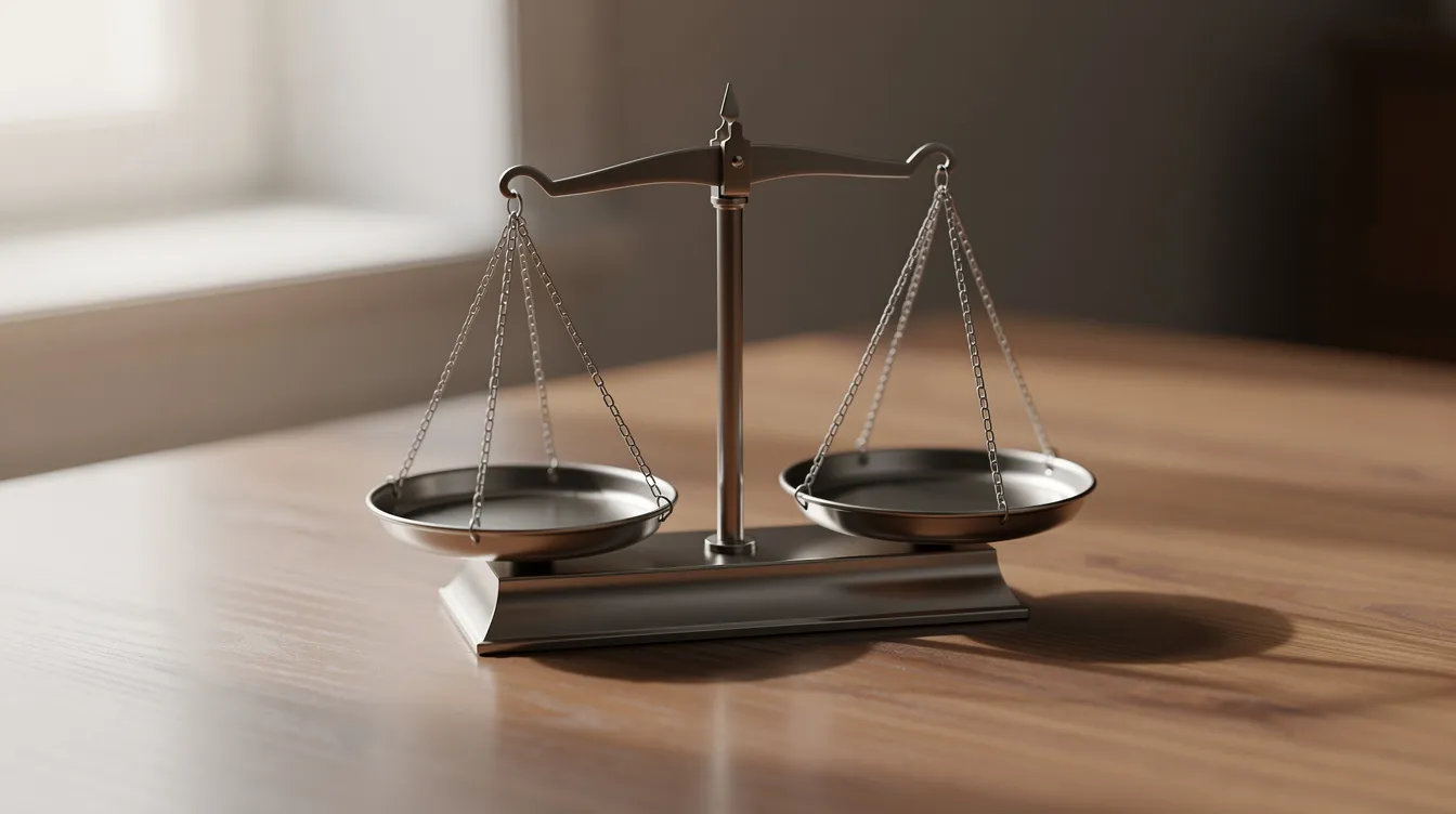 The image features a simple balance scale placed on a wooden table, symbolizing the concept of comparison and equilibrium. The scale's design is minimalist, with two shallow bowls suspended from a central beam, evoking thoughts about balancing different aspects of life or products, such as the effectiveness of devices like the quick extender pro for penile traction therapy.