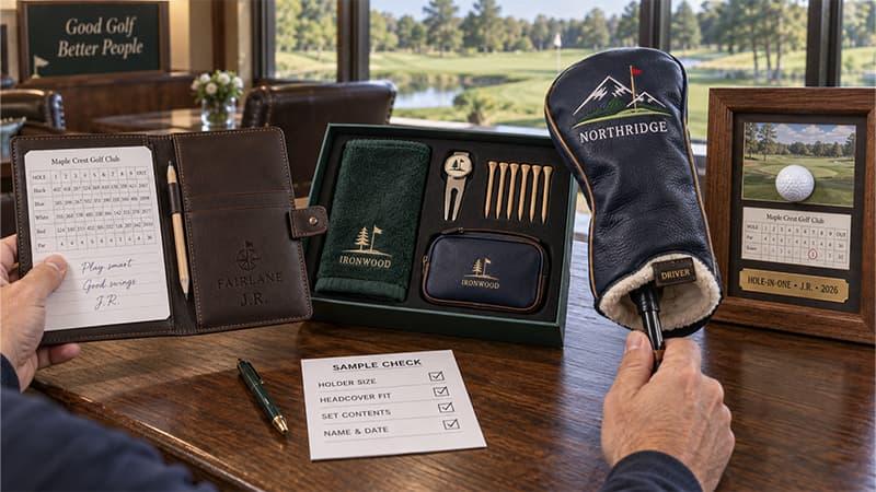 Buyer checking a personalized golf scorecard holder, fitted driver headcover, coordinated accessory set, and hole-in-one keepsake