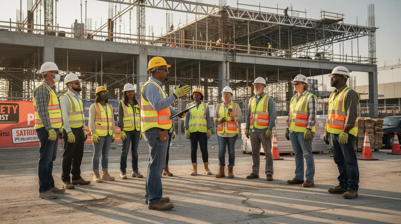 A construction foreman is leading a toolbox talk with crew members on a commercial jobsite, where all workers are wearing personal protective equipment. The scene emphasizes the importance of safety culture in construction, as the team discusses essential practices to protect resources and manage projects effectively.