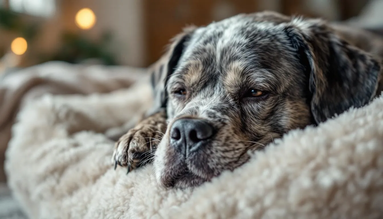 A senior dog with gray hair is peacefully resting on a soft bed, embodying the comfort of its later years, which can be equivalent to several human years in terms of aging. This image highlights the serene life stage of older dogs, emphasizing their need for relaxation as they navigate the aging process.