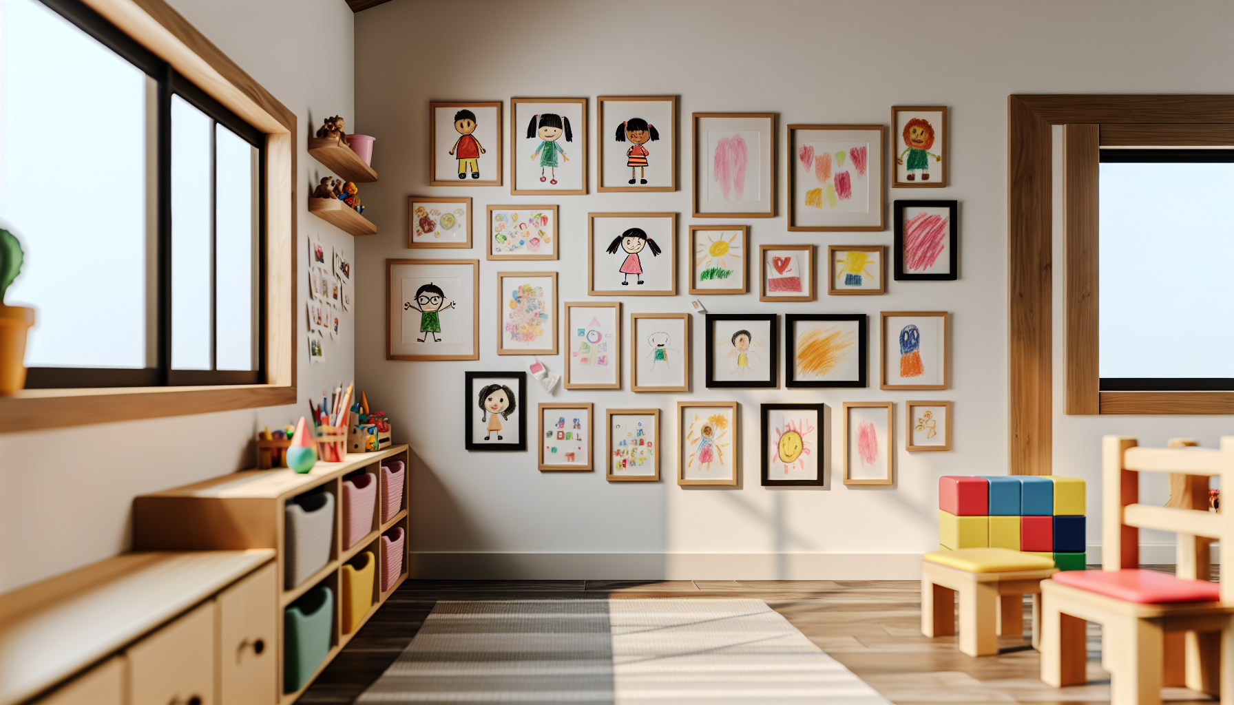 Children's artwork displayed on the walls