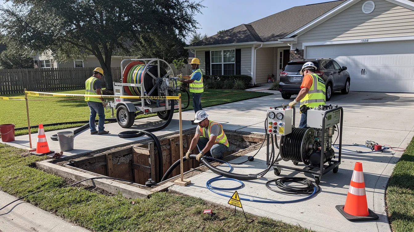 A construction crew is seen performing a trenchless pipe lining operation in a residential driveway, equipped with specialized tools and an open access pit. This method is used to repair leaking sewer pipes while minimizing disruption to the property owner's landscaping and driveway.