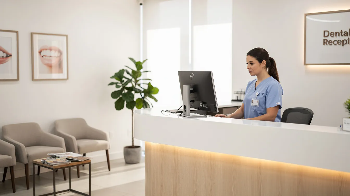 The image depicts a dental office reception area where a staff member is intently reviewing a computer screen, likely related to the dental billing process or insurance claims. This setting emphasizes the importance of managing insurance coverage and patient billing in a dental practice.