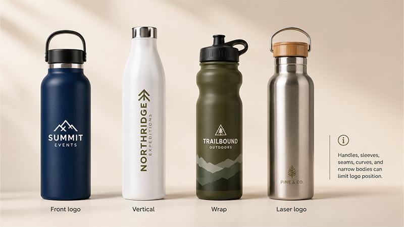 Water bottle logo placement options including front logo, vertical logo, wrap design, and laser engraving