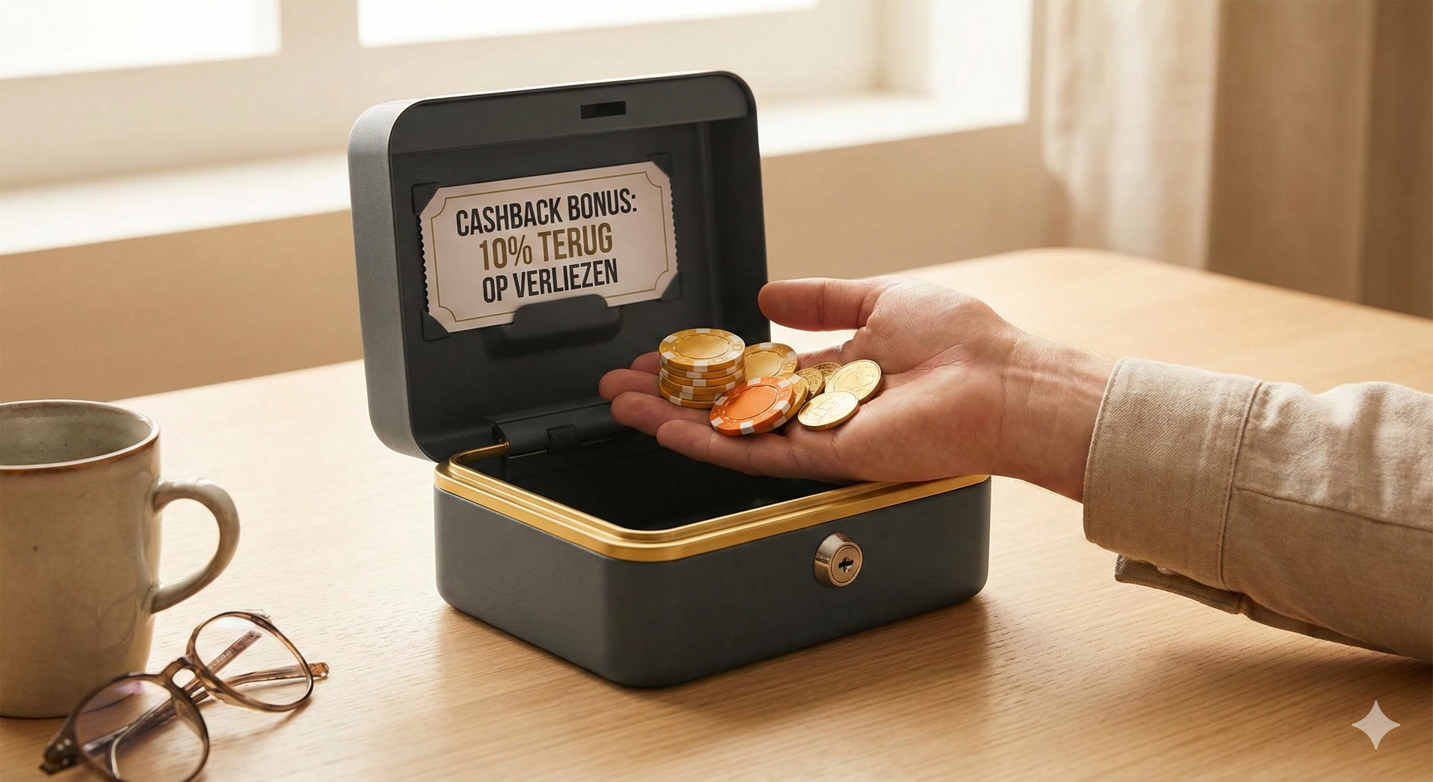 Cashback bonus bij online casino met 10% terug op verliezen, hand met casinofiches en munten uit een geldkistje op tafel.