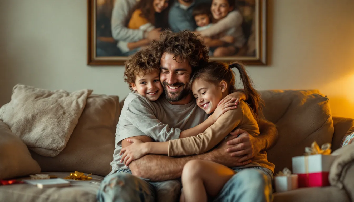 A dad sits on the couch, holding a framed custom family portrait, surrounded by his kids who are hugging him tightly. The scene is warm and emotional, with gifts and cards scattered around, capturing the spirit of Father's Day and the joy of family togetherness.