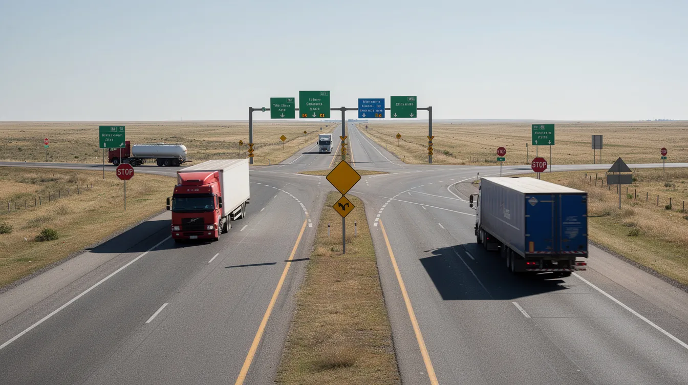 The image depicts a busy intersection with road signs and multiple commercial trucks approaching from various directions on a flat landscape, highlighting the potential for truck accidents in Midland County. This scene underscores the importance of seeking a Midland truck accident lawyer for those involved in truck accident cases.