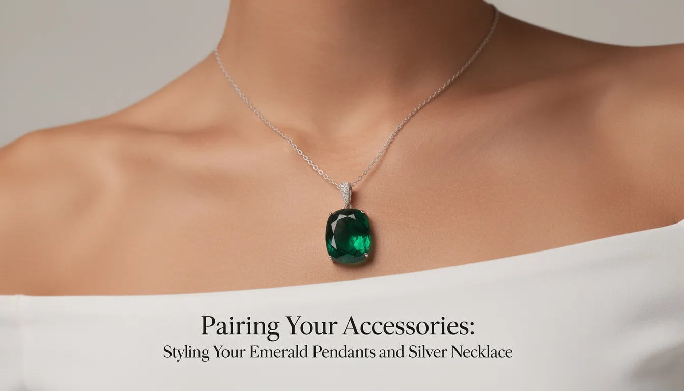 The image features a beautifully styled silver necklace made of sterling silver, adorned with stunning emerald pendants that add a vibrant touch of color. This classic accessory set is perfect for enhancing any outfit, showcasing the beautiful contrast between the silver and emerald hues.