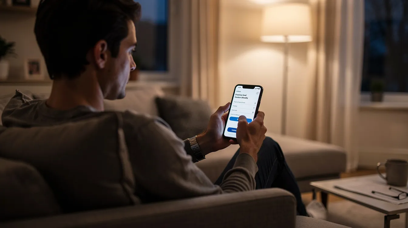 A person is sitting comfortably at home, focused on their smartphone as they complete a financial application for a loan. The scene suggests they are engaging in the application process, which may involve assessing their cash flow and credit report for a successful loan application with a financial company.