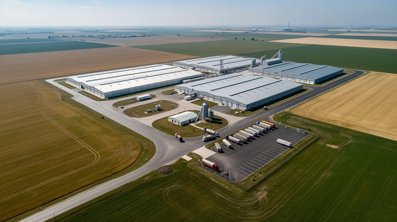 c98538df bc6c 4fda 91e5 0743c2d82702 An aerial view of a large grain warehouse complex showcases modern grain sheds with ample storage capacity, featuring a truck parking area and internal roads on expansive agricultural land. The facility is designed for efficient loading and unloading of bulk grain, ensuring optimal grain quality and moisture control.