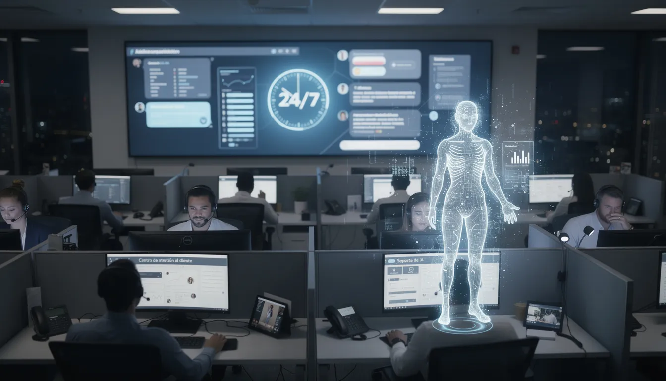 Imagen de un centro de atención al cliente que opera las 24 horas, donde agentes humanos y sistemas de inteligencia artificial (IA) interactúan con clientes a través de múltiples canales como correo electrónico y redes sociales, mejorando la experiencia del cliente en tiempo real. La tecnología de IA permite procesar grandes cantidades de datos para ofrecer soluciones personalizadas y eficaces a las consultas de los clientes.