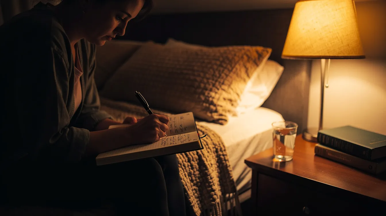 A person sits at their bedside, writing in a journal under the soft glow of a lamp, creating a calming sleep environment that may help improve their mental health and establish better sleep habits. This reflective practice can be beneficial for managing sleep problems and promoting a good night&rsquo;s sleep.