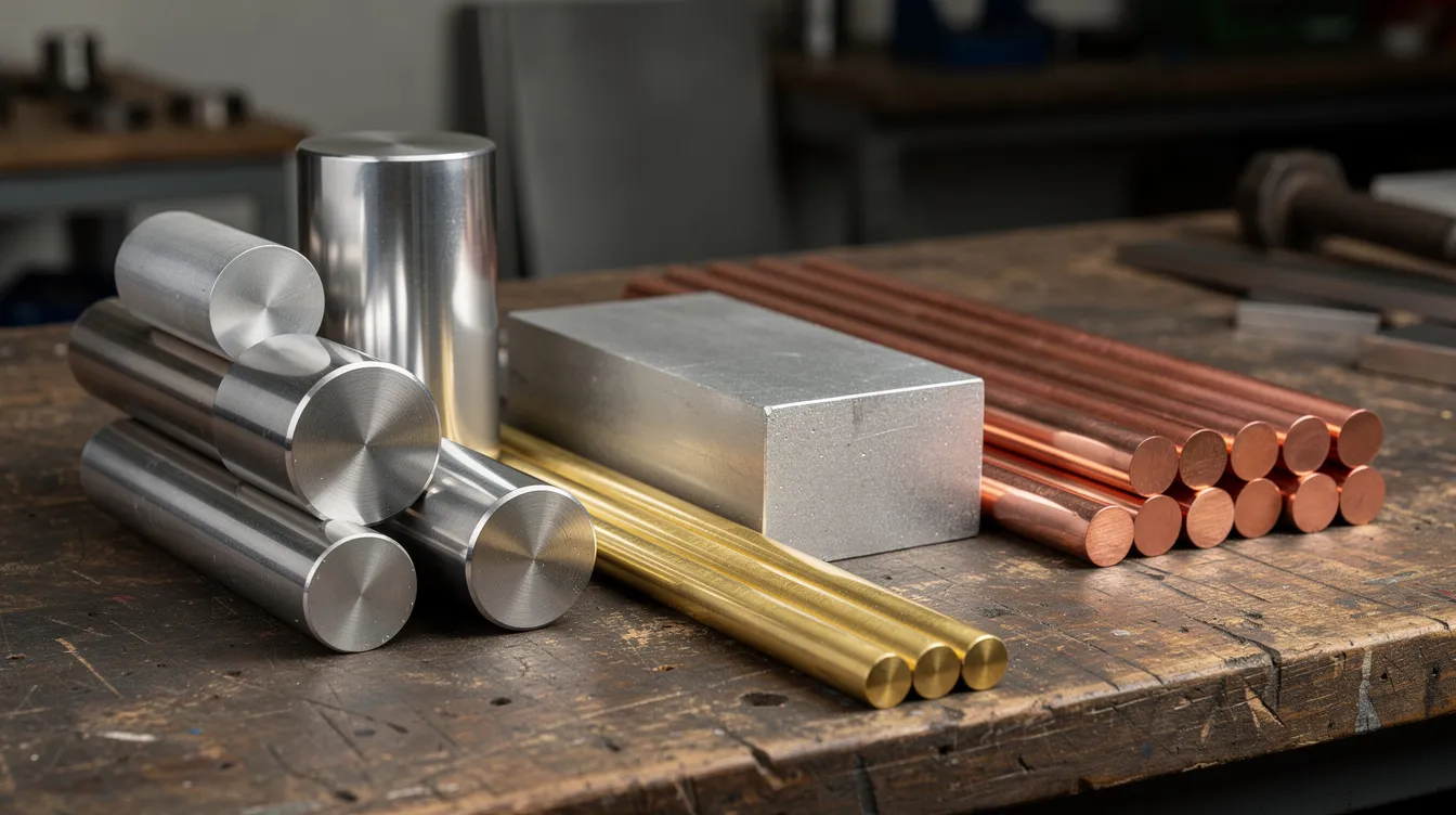 A collection of raw metal stock materials is displayed on a workbench, featuring aluminum billets, stainless steel rounds, brass rods, copper bars, and a titanium block, all essential for various CNC machining processes. These materials are well-suited for custom CNC parts, offering high strength and corrosion resistance for applications in industries such as automotive and aerospace.