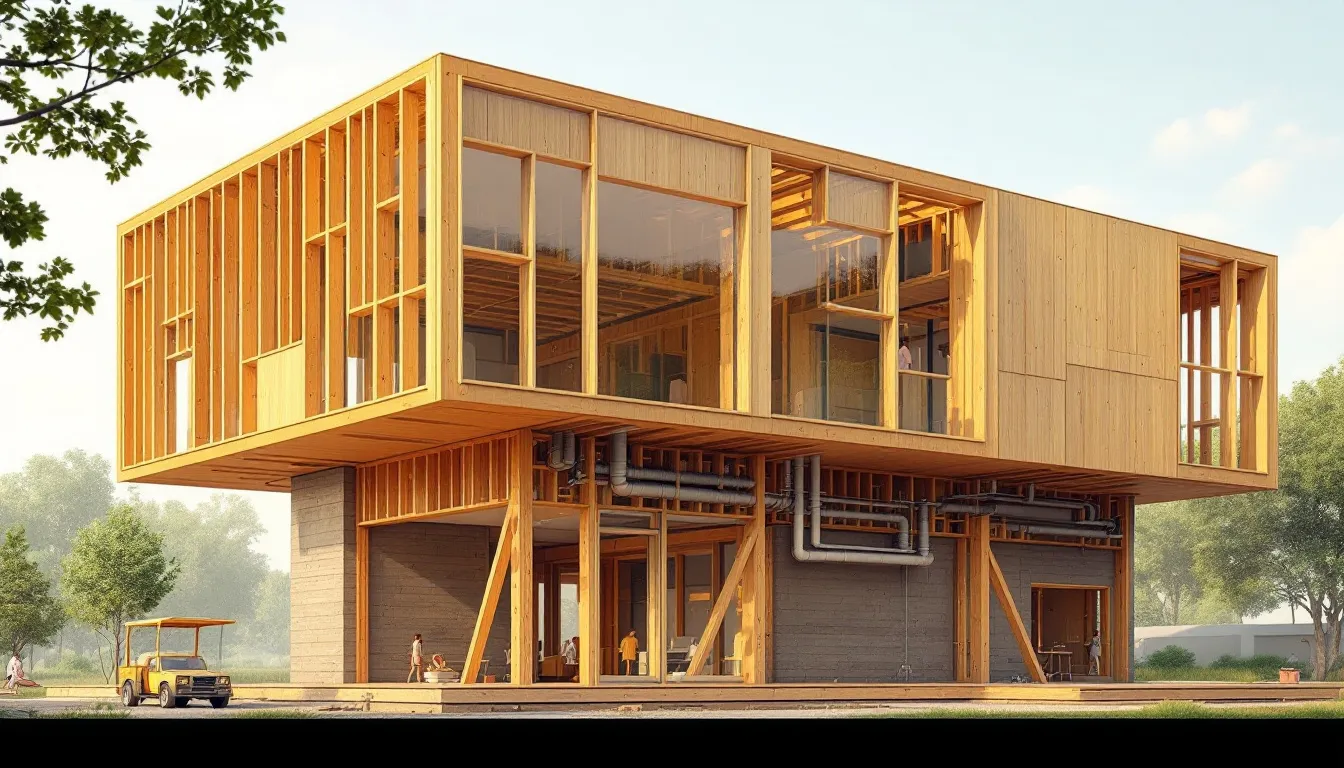 Illustration of the modular construction method with timber frames and components.
