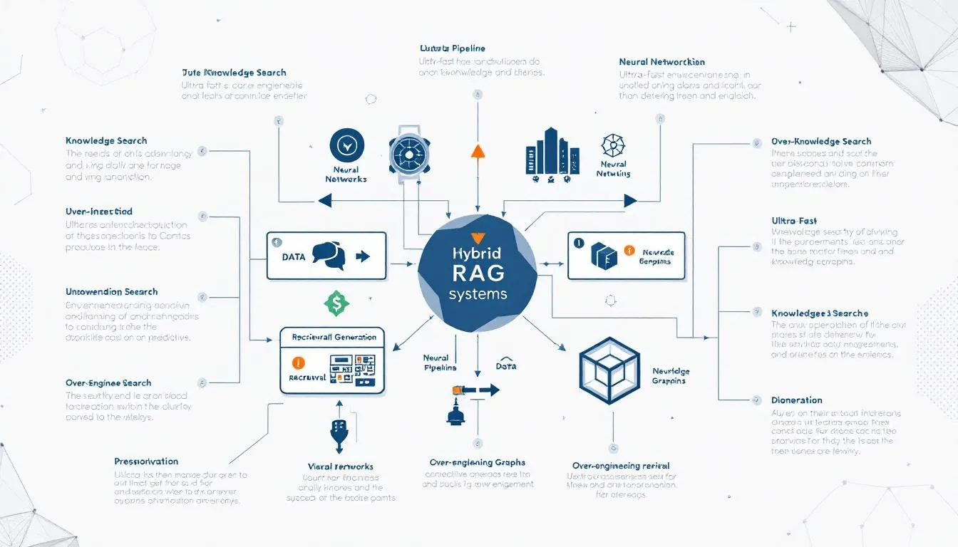 The image illustrates the concept of hybrid retrieval augmented generation (RAG) systems, showcasing how AI startups utilize large language models and vector databases to enhance semantic search capabilities. It highlights the retrieval process for relevant documents and user queries, emphasizing the accuracy and efficiency of knowledge-intensive tasks in accessing unstructured data.