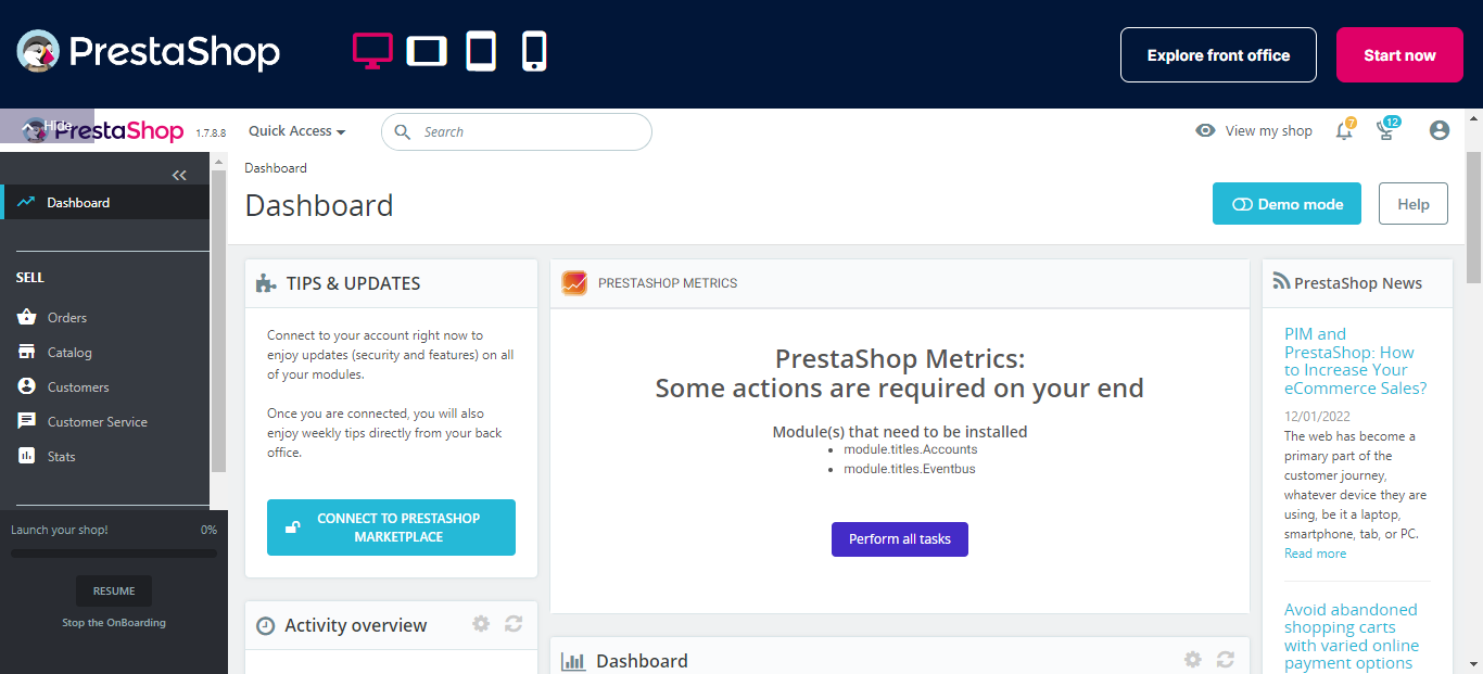 PrestaShop dashboard screenshot