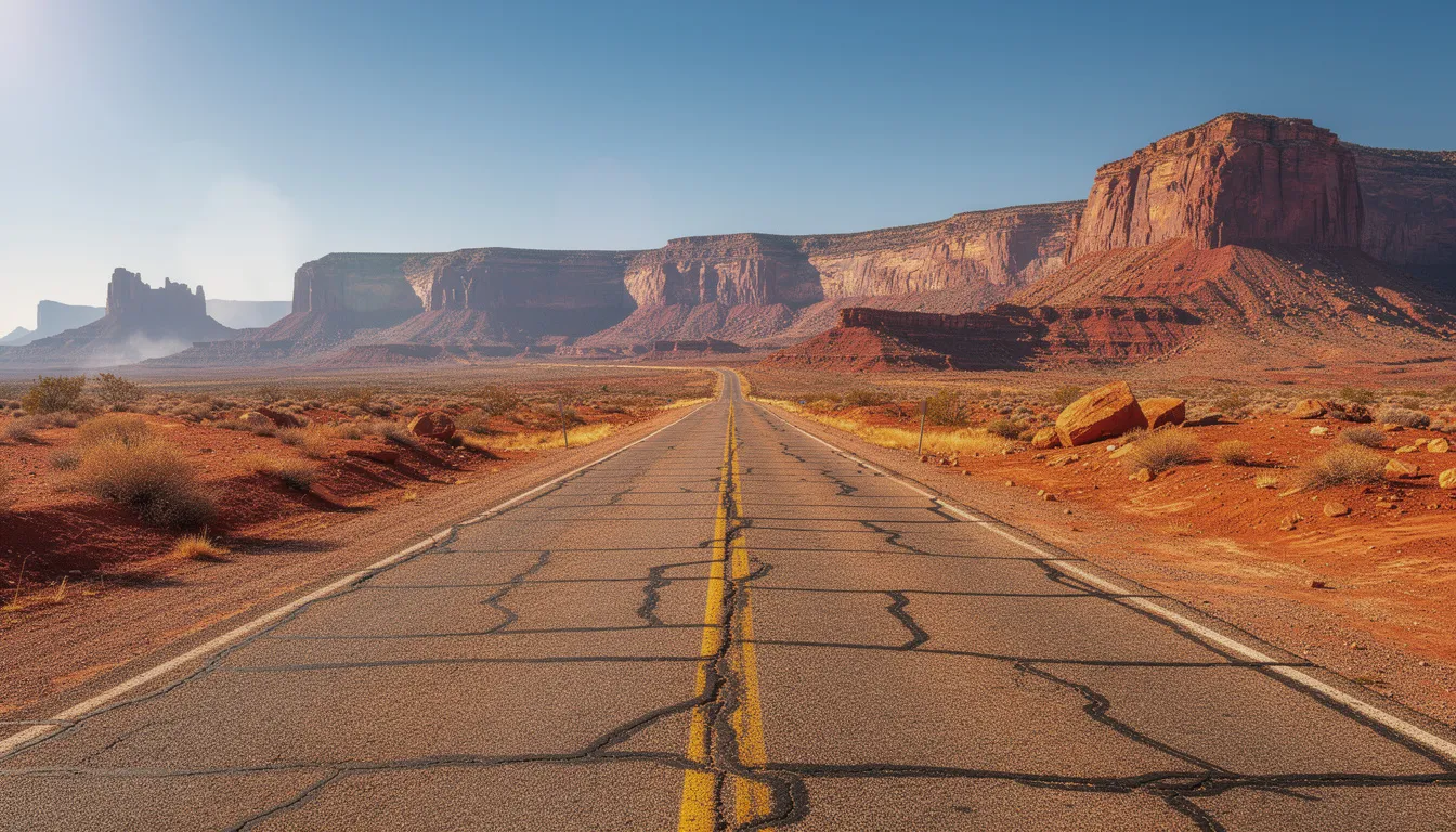 A red desert highway stretches into the distance, leading toward towering sandstone mountains under a clear blue sky, capturing the essence of the scenic route from Las Vegas to Zion National Park. The vibrant colors of the landscape highlight the stunning views characteristic of southern Utah's natural beauty.