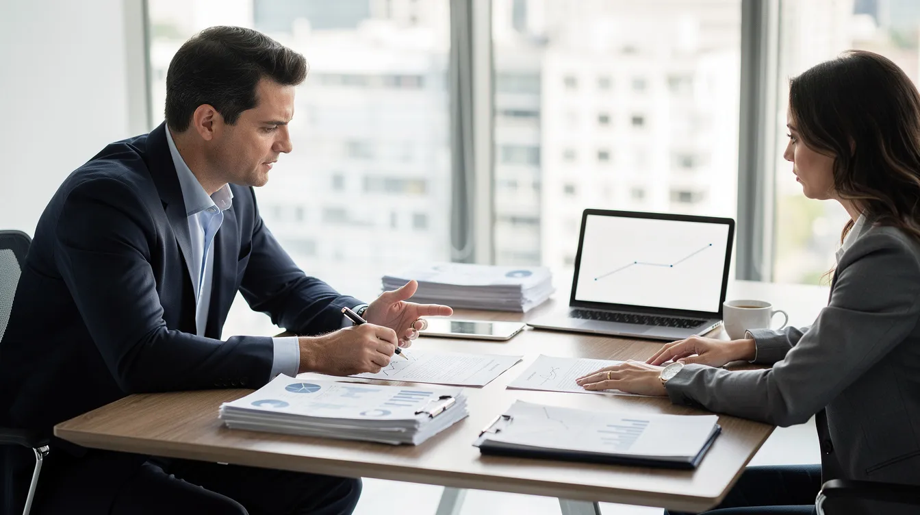 A financial advisor and a client are seated at a table, intensely reviewing various financial documents that pertain to retirement savings and investment strategies. They discuss key aspects of the client's retirement plan, including asset allocation and future benefits from retirement accounts.