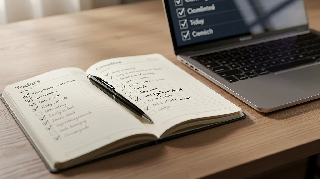The image shows an open planner on a desk alongside a pen and a laptop displaying a checklist of completed tasks, symbolizing the organization and preparation essential for job seekers during their job hunt. This setup reflects the importance of managing tasks like research companies and preparing application materials for job opportunities.