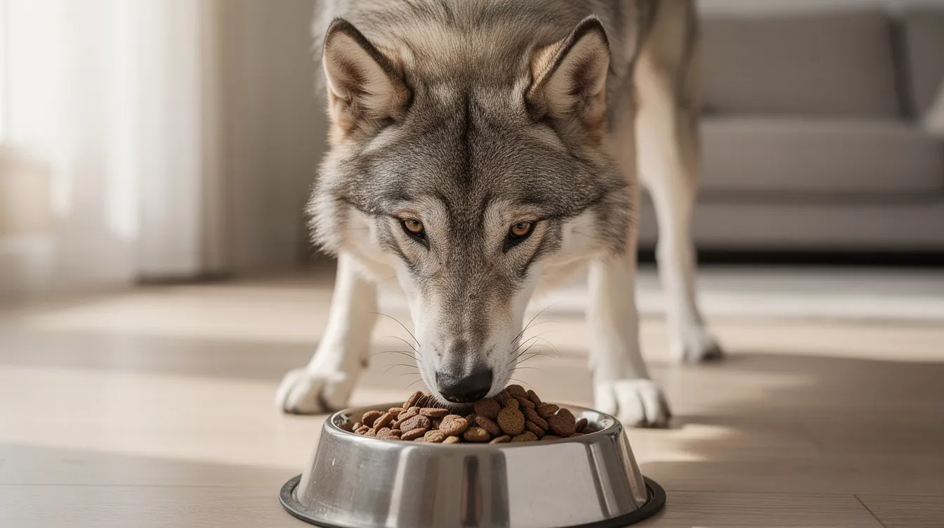 A Czechoslovakian wolfdog is seen enjoying high-quality kibble from a dog bowl, showcasing its characteristic amber eyes and robust body frame. This intelligent breed, originally bred from German shepherds and Carpathian wolves, exhibits a strong connection to its wolf ancestry.