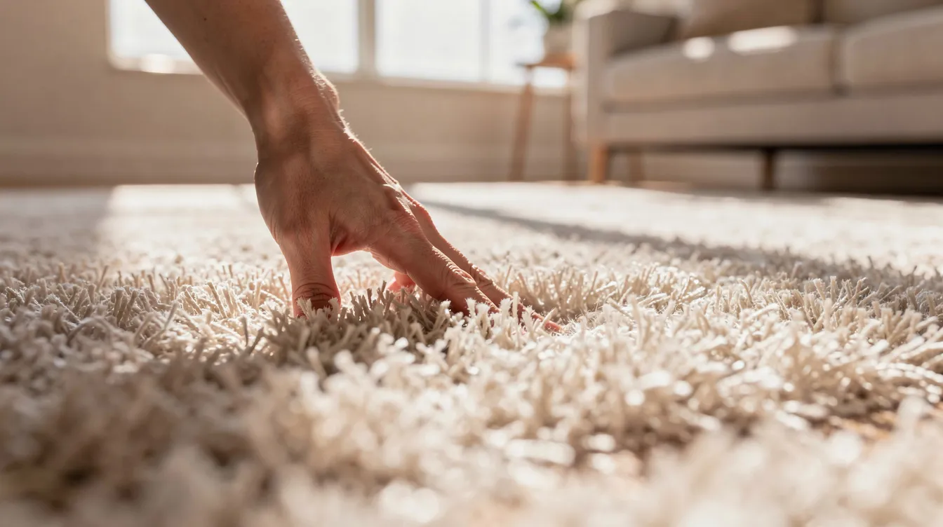 A person gently runs their hand across the soft, clean carpet fibers in a bright room, showcasing the pristine appearance of the carpet after professional carpet cleaning services. The sunlight highlights the fresh texture, emphasizing the meticulous attention given during the cleaning process for a healthier living environment.