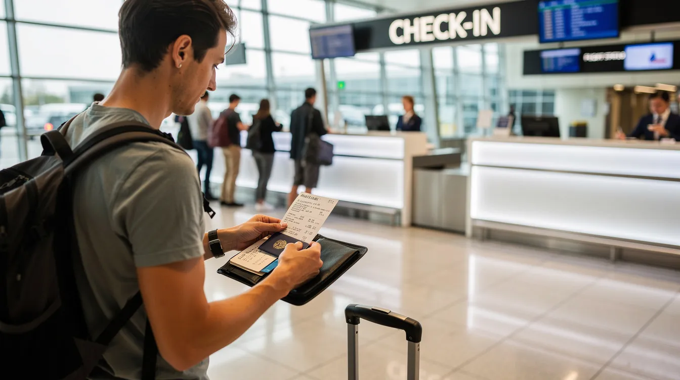 A traveler stands at an airport check-in counter, carefully reviewing their machine readable passport and other required documents, including a national identity card and a birth certificate, as they prepare for their journey. The scene captures the importance of having all necessary paperwork, such as a computerized child registration certificate and passport application, for overseas Pakistanis.