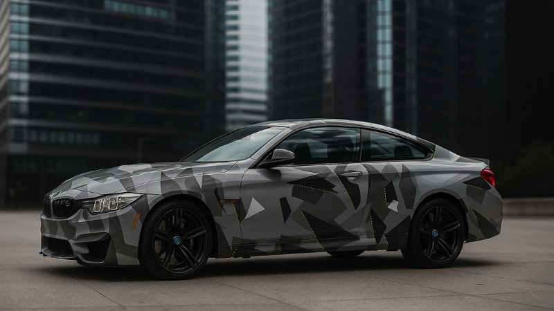 A car wrapped in geometric camouflage wrap in gray tones