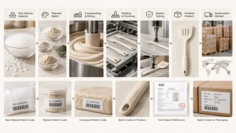 A traceability flow from raw silicone and pigment batches to the finished utensil, test report, and destination market.