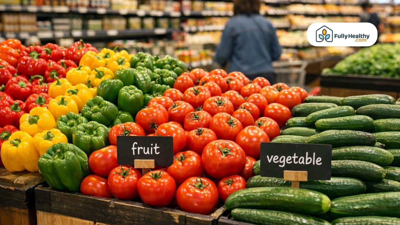 Grocery store peppers tomatoes cucumbers labeled fruit versus vegetable display