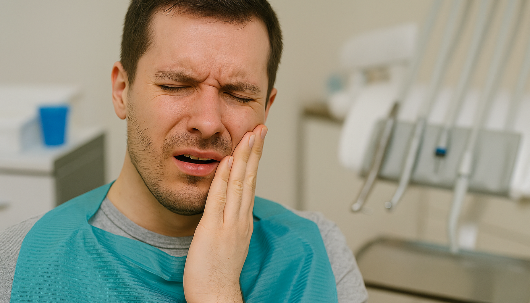 Ung mann med tannverk etter boring holder seg til kinnet med smertefullt uttrykk i ansiktet på tannlegekontor.