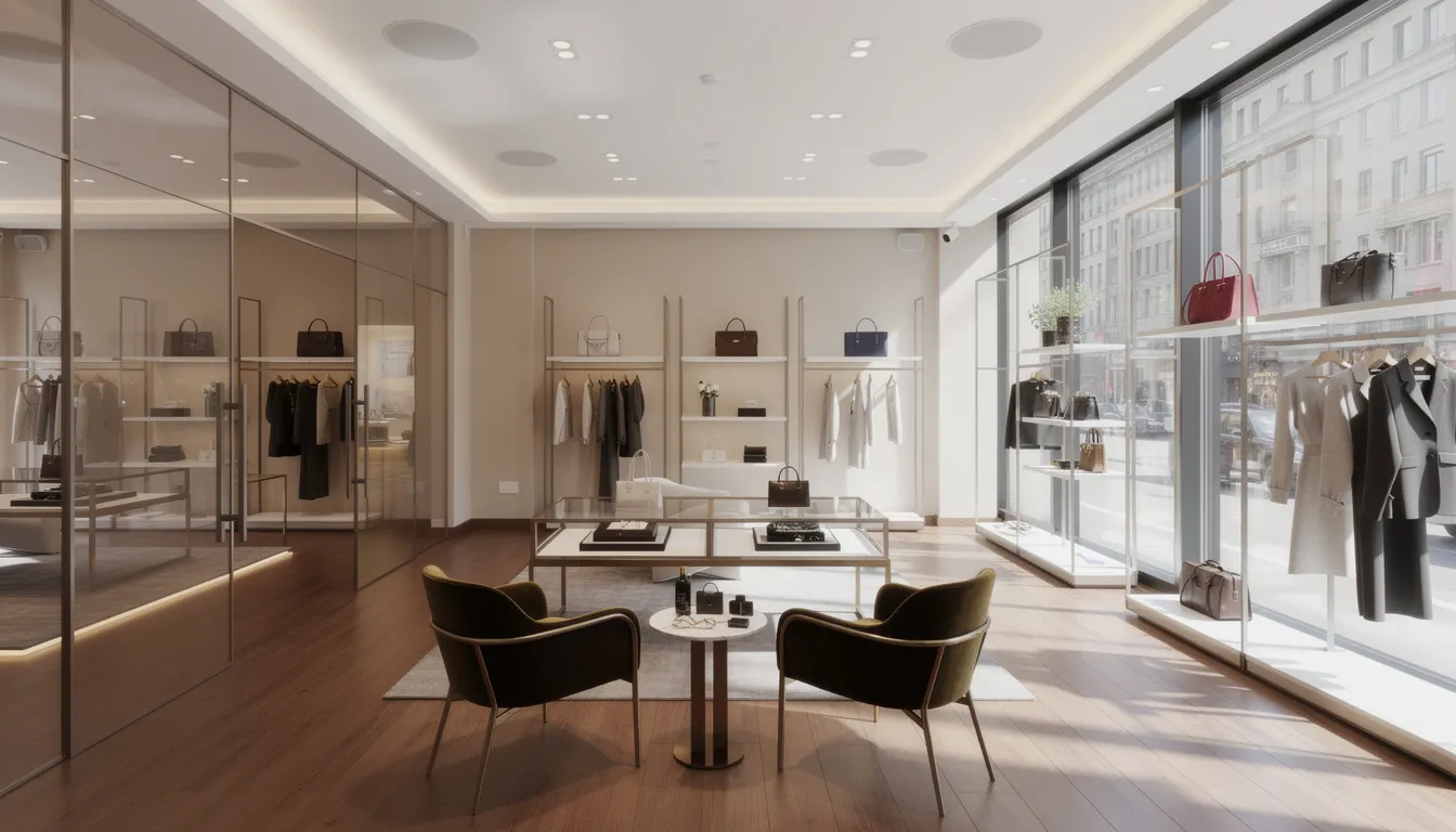 The image depicts an upscale retail boutique interior, featuring elegant furnishings and subtle ceiling speakers that enhance the atmosphere with background music. This inviting business environment is designed to elevate the customer experience, making it perfect for managing multiple locations with curated playlists and custom mixes.