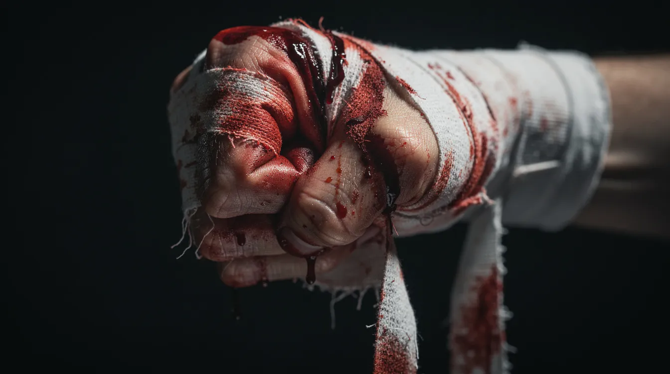Eine bandagierte, blutige Faust ist in Großaufnahme vor einem dunklen Hintergrund zu sehen, mit Schweißtropfen auf der Haut und einer teilweise aufgelösten Bandage. Dieses Bild könnte an die intensiven Kampf-Szenen aus "Rocky IV" erinnern, in denen Rocky Balboa gegen seinen Gegner Ivan Drago antritt.