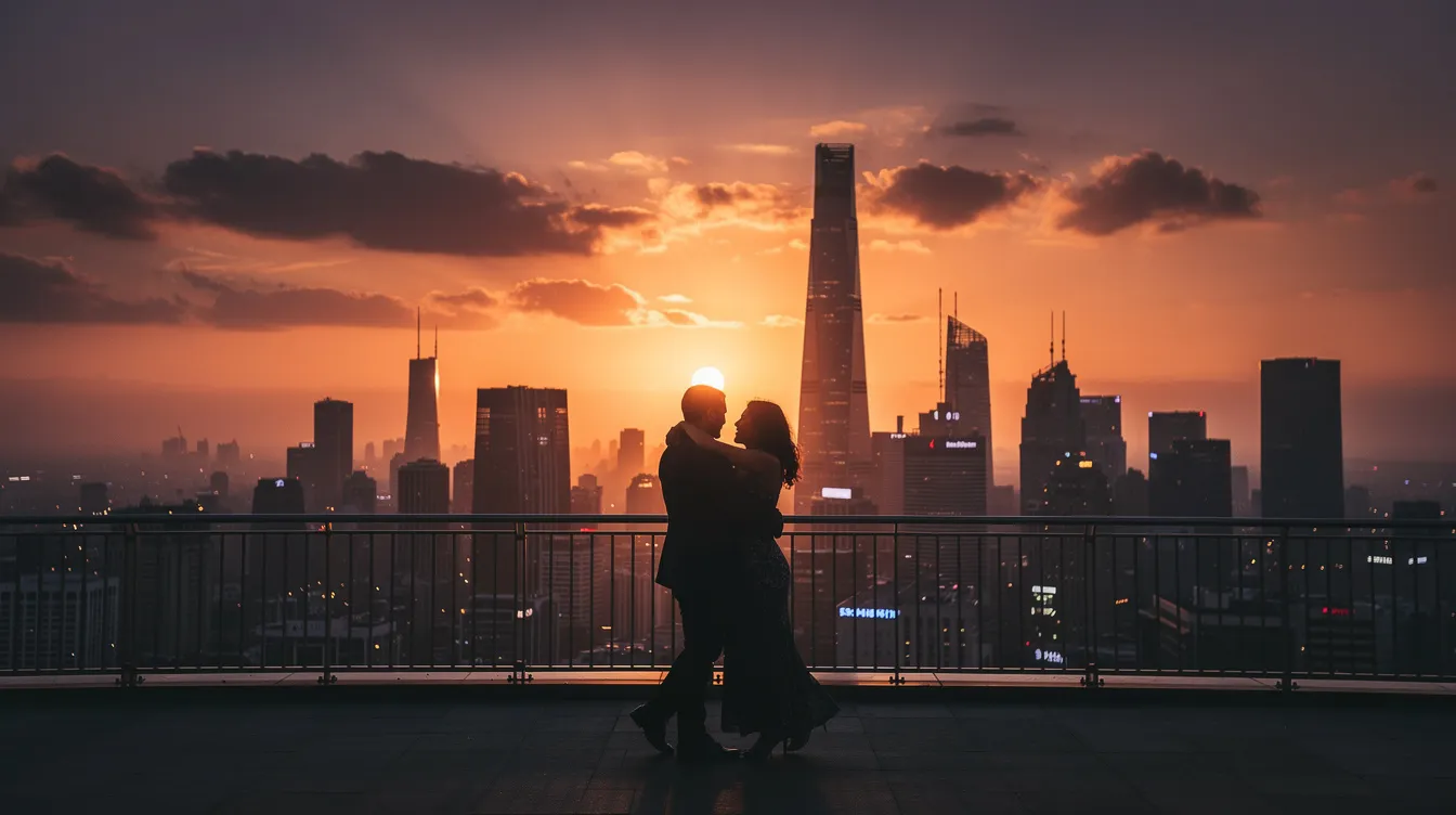 Zwei Silhouetten tanzen verliebt auf einer Aussichtsplattform, während im Hintergrund ein dramatischer Sonnenuntergang über einer Großstadt mit leuchtend orangefarbenem und violettem Himmel erstrahlt. Diese Szene erinnert an den Zauber von "La La Land", wo Liebe und Musik in einem urbanen Umfeld verschmelzen.