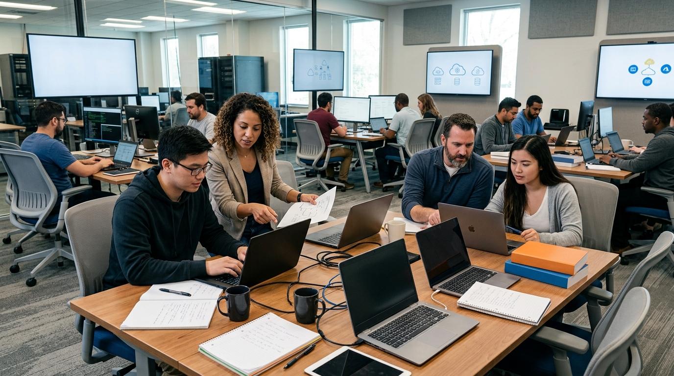 IT professionals and students collaborating in a modern virtual training environment with cloud-hosted labs.