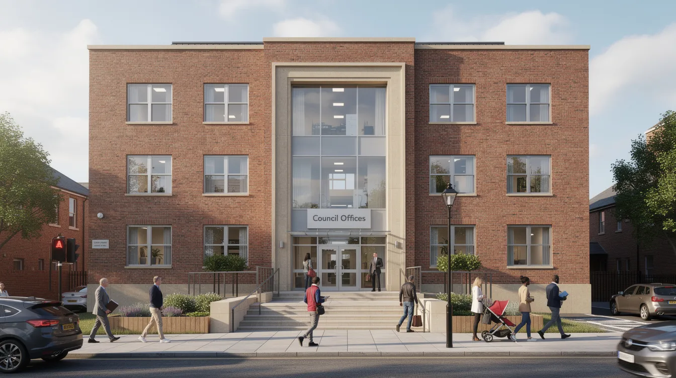 The image depicts a brick local council building with people walking outside, highlighting a community space where individuals may seek information about living payments and other financial support options for low-income households. This setting reflects a hub for accessing essential services, such as housing benefit and crisis payments.