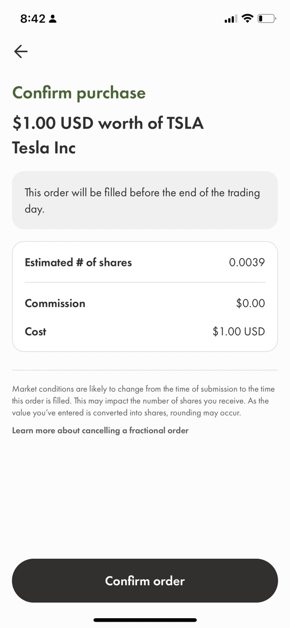 Confirm Order Screen on Wealthsimple Trade App