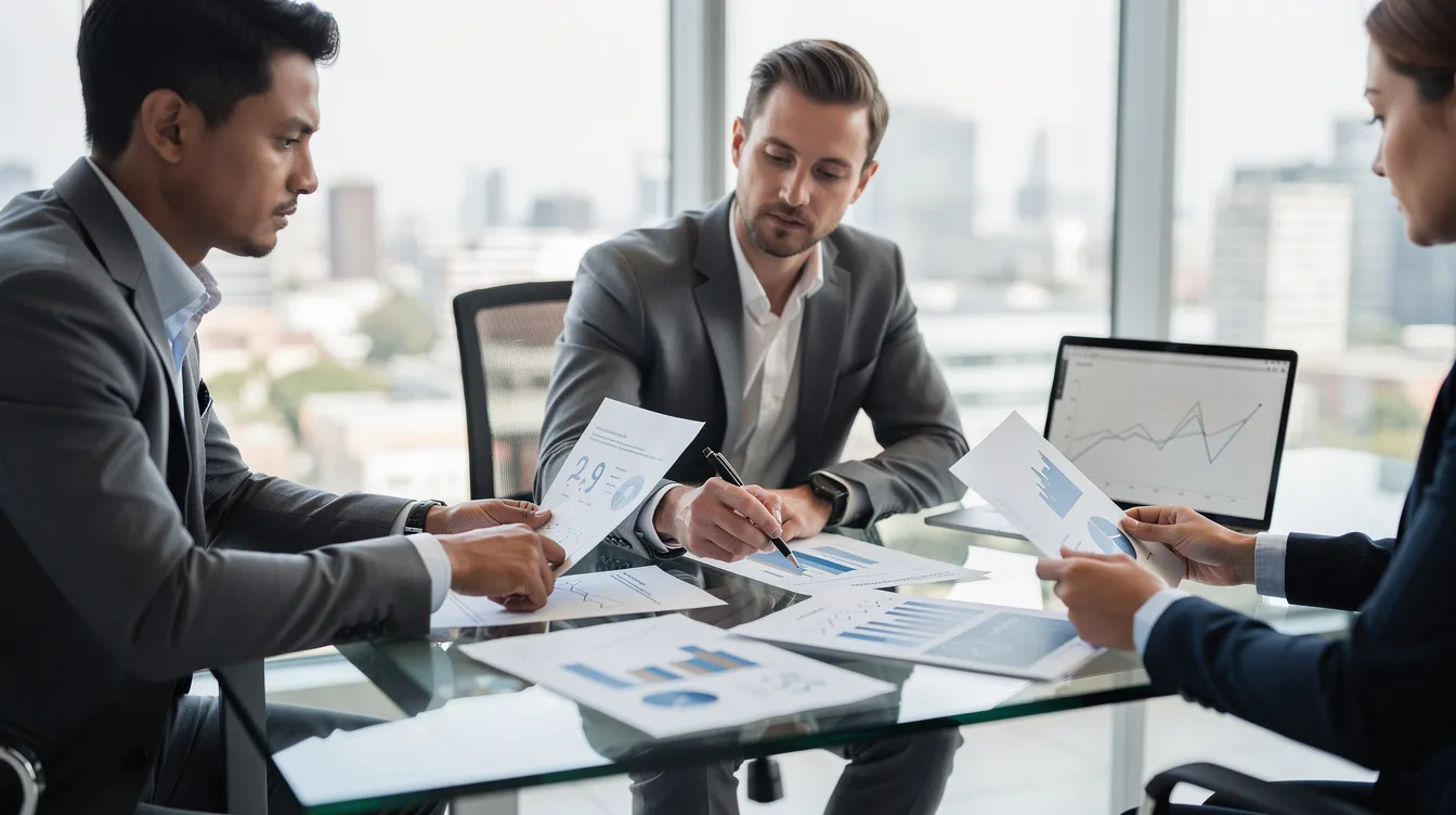 A professional financial advisor is seated across from a client, both reviewing various financial documents related to retirement savings accounts, including Roth IRA contributions and strategies for high income earners. The advisor is explaining the benefits of Roth conversions and the implications of income limits on tax-free withdrawals.