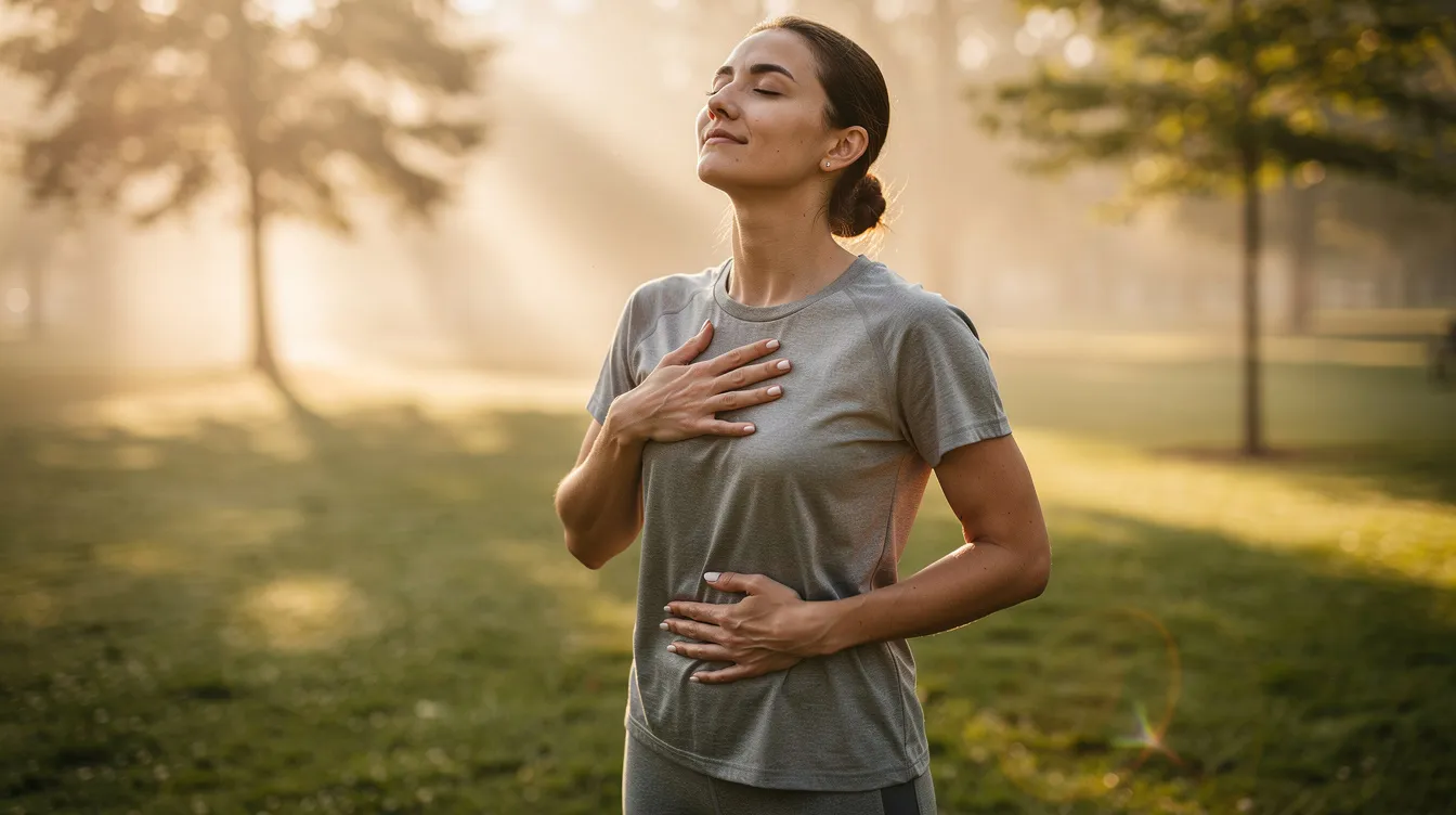 A person is practicing deep breathing exercises outdoors in the soft morning light, promoting relaxation and enhancing heart rate variability (HRV), which is essential for a healthy autonomic nervous system and overall health. This serene moment emphasizes the importance of mindful breathing in maintaining cardiovascular health and longevity.
