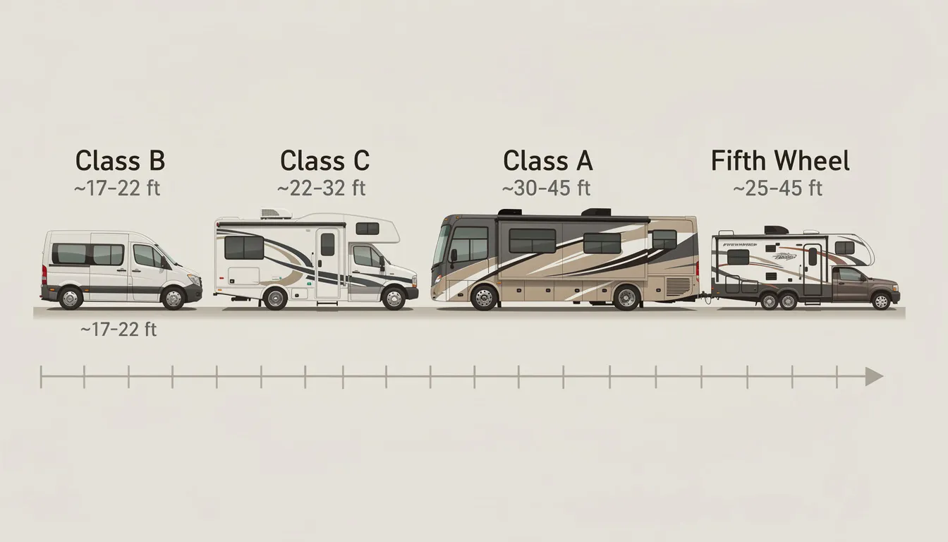 The image illustrates various RV sizes, showcasing different models such as class A motorhomes, class C RVs, and towable RVs like fifth wheels and travel trailers, emphasizing their ample space and sleeping arrangements for full-time living or weekend getaways. It highlights the diversity in RV types, catering to different travel styles and needs, ensuring travelers find the perfect RV size for their adventures.