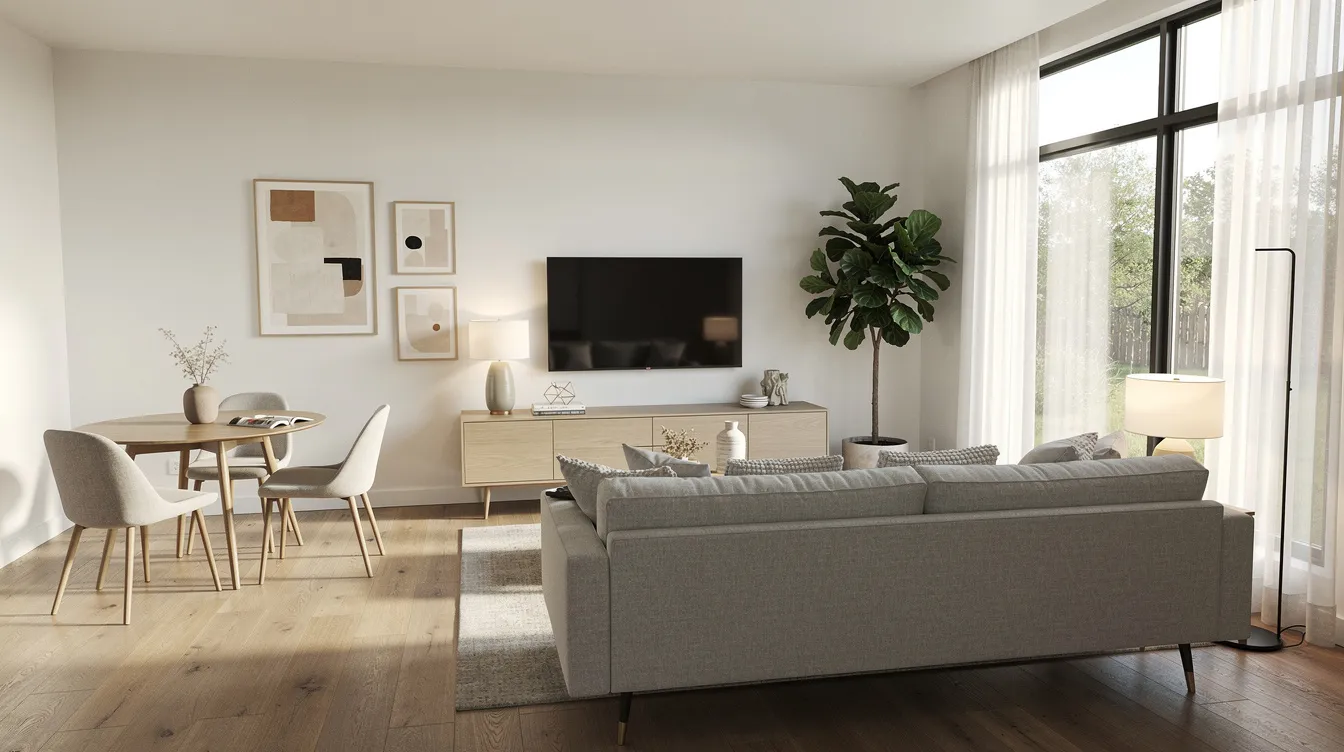 The image depicts a stylishly furnished short-term rental interior featuring modern decor and ample natural light, creating a welcoming atmosphere for guests. This inviting space is ideal for real estate investors looking to maximize rental income from their investment property.