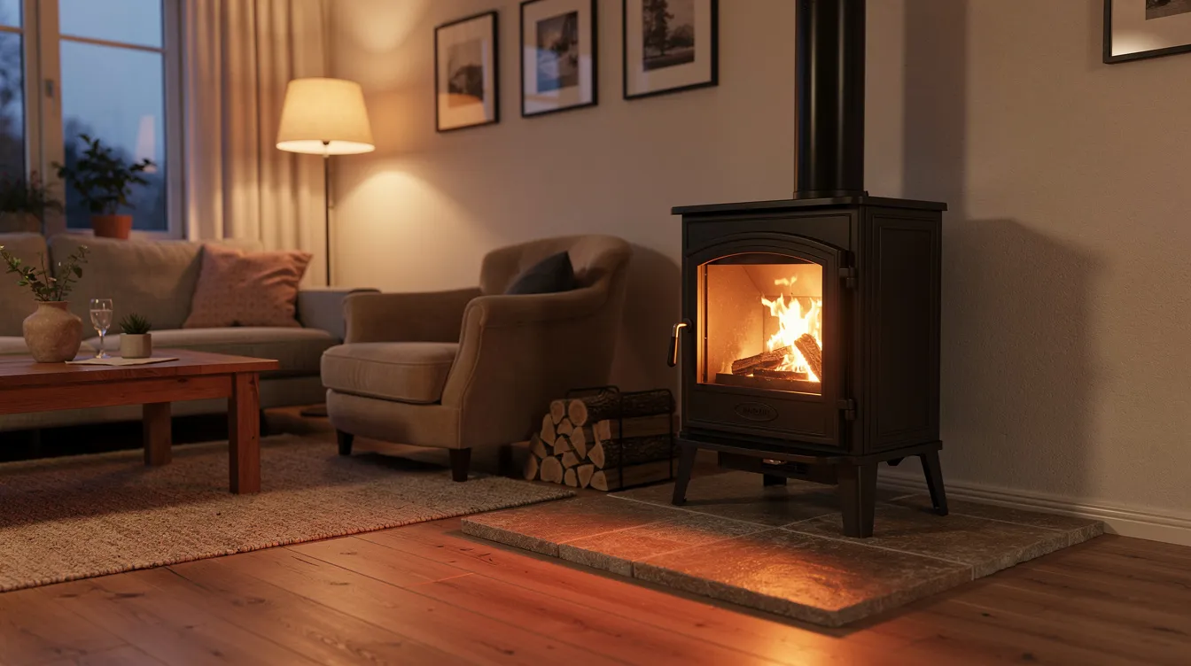 Een gezellige woonkamer met een brandende vrijstaande houtkachel op een stenen vloerplaat, die warmte en sfeer biedt. De kachel is ideaal voor het verwarmen van de ruimte en zorgt voor een aangename stralingswarmte in de directe omgeving.