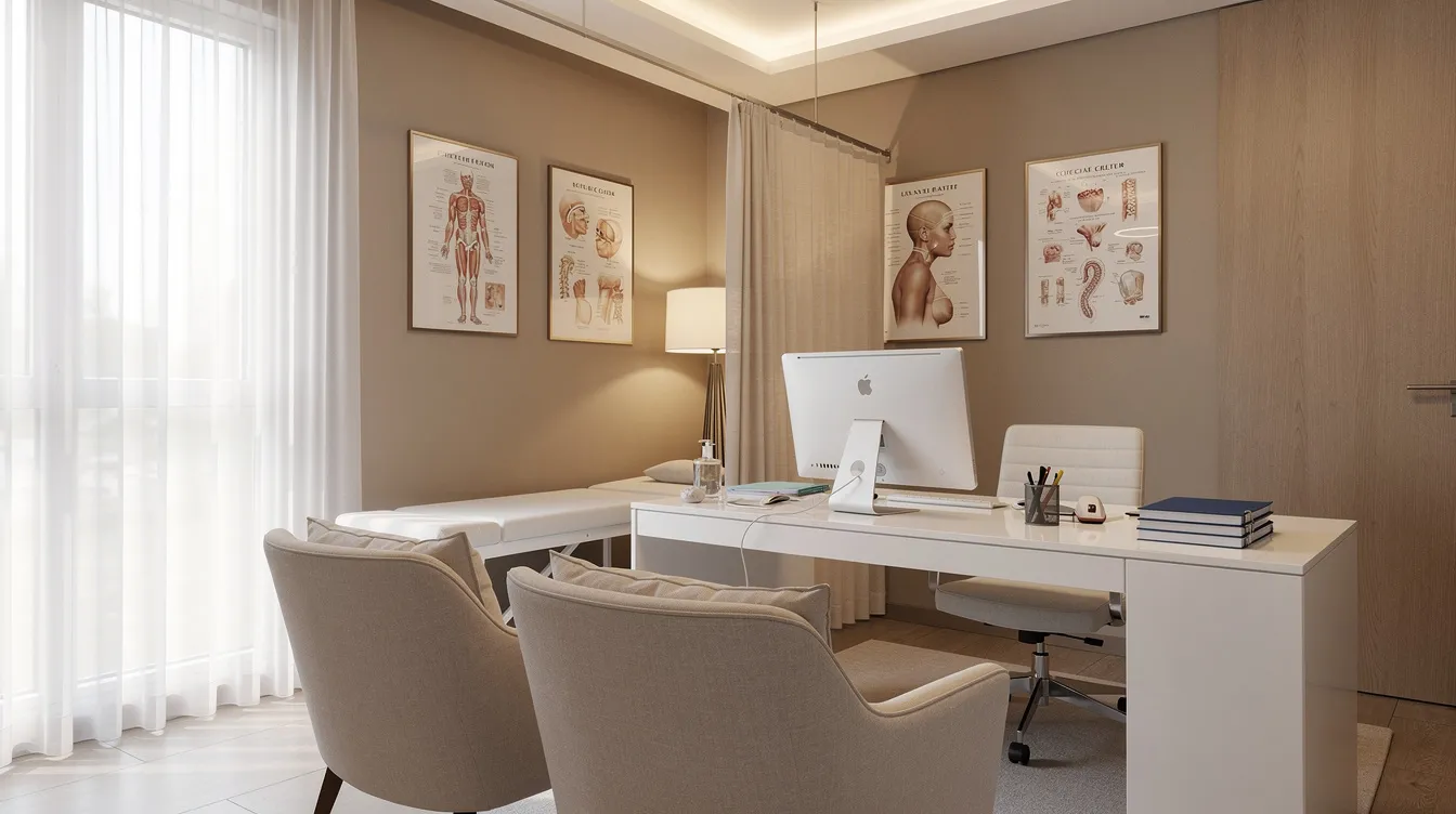 The image depicts a comfortable and inviting private consultation room in a cosmetic surgery practice, designed for discussing procedures like the Brazilian butt lift and other body contouring options. The room features soft lighting, modern furnishings, and professional decor, creating a serene environment for patients to explore their aesthetic goals and treatment plans.