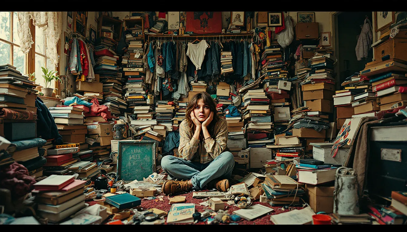 A person struggling to declutter their room filled with hoarded items.