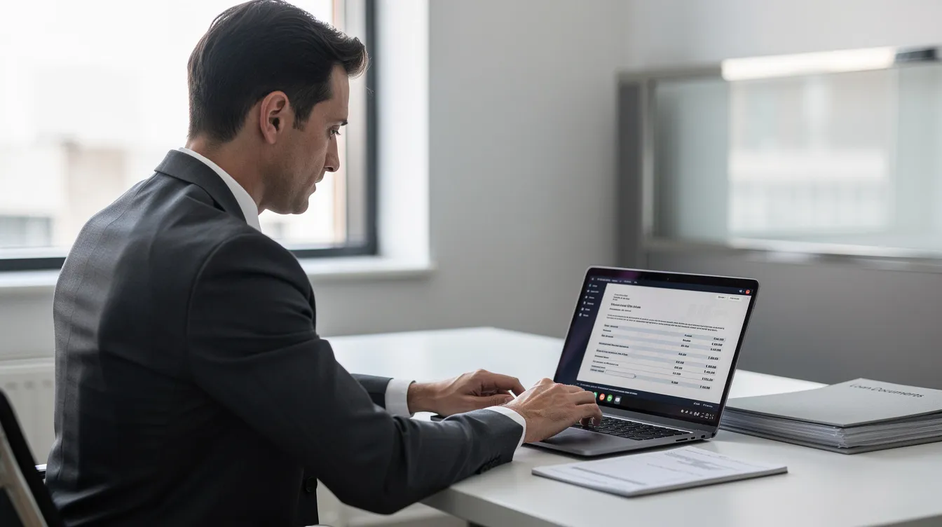 A professional in business attire is sitting at a clean, modern desk, intently reviewing loan documents on a laptop. The scene conveys a sense of focus and diligence, highlighting the importance of understanding the terms and conditions of low-interest loans for professionals, including 公務員 and other licensed individuals.